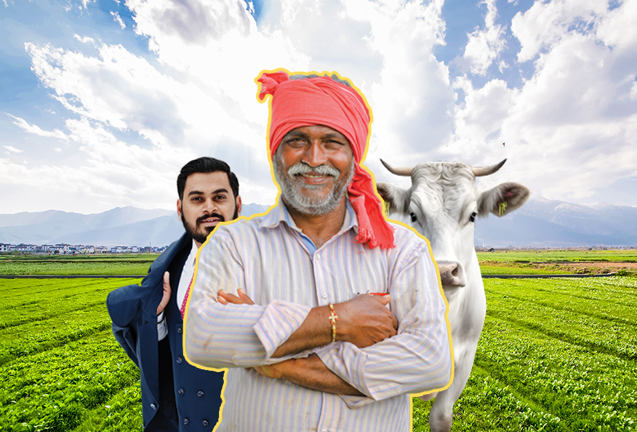 The image depicts two individuals standing side by side in a green field
